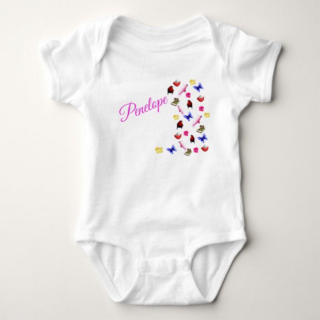 Penelope Name mit Bunnies, Baby Bodysuit Strampler (Vorderseite)