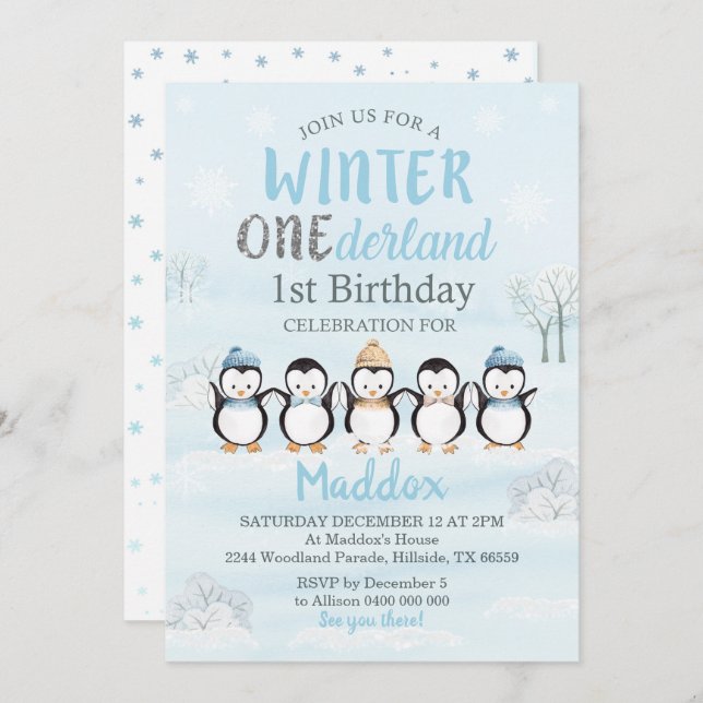 Penguin 1. Geburtstag Einladung Winter Onederland (Vorne/Hinten)