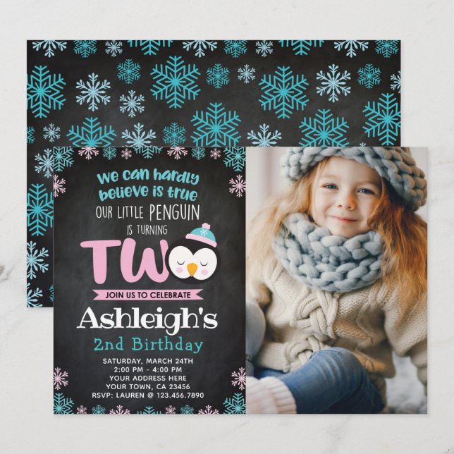 Penguin 2. Geburtstag Einladung mit Foto (Vorne/Hinten)