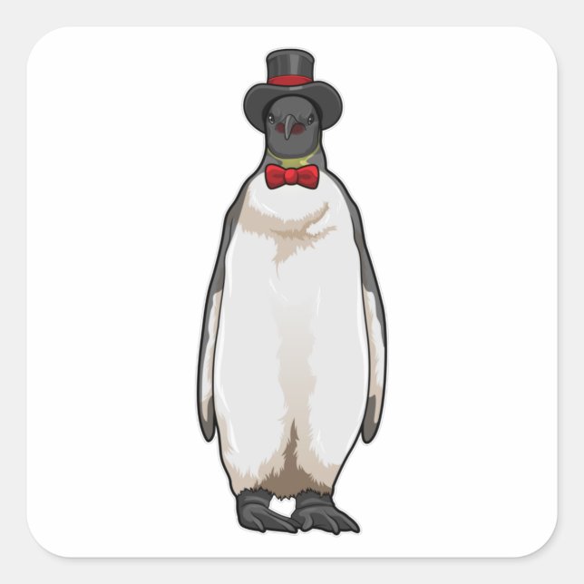 Penguin als Gentleman mit Hat Quadratischer Aufkleber (Vorderseite)
