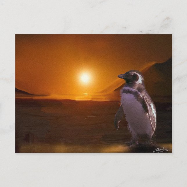 Penguin & Antarctic Sunset Art Postkarte (Vorderseite)