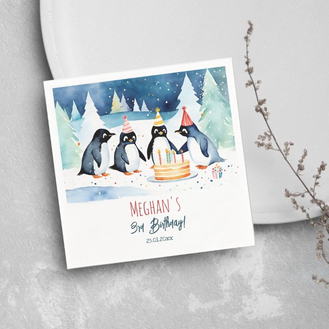 Penguin arktic Winter Geburtstagsvorlage Serviette (Penguin arctic winter birthday party personalized tableware template napkins cute penguins and cake)