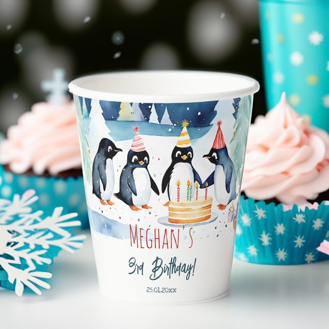 Penguin arktic Wintergeburtszeit personalisiert Pappbecher (Penguin arctic winter birthday personalized paper cups penguin party supplies customized paper cups)