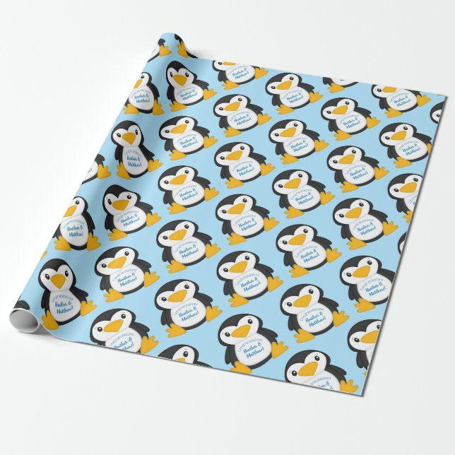 Penguin Baby Dusche Blue Geschenkpapier (Ungerollt)