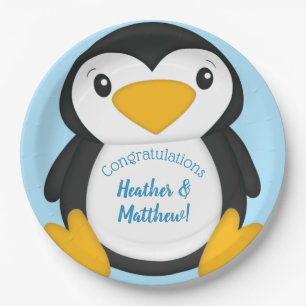 Penguin Baby Dusche Blue Pappteller