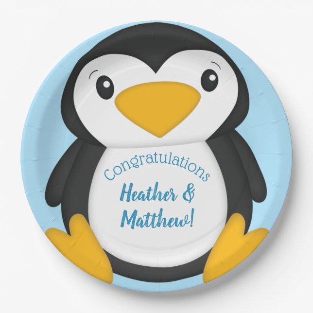 Penguin Baby Dusche Blue Pappteller (Vorderseite)