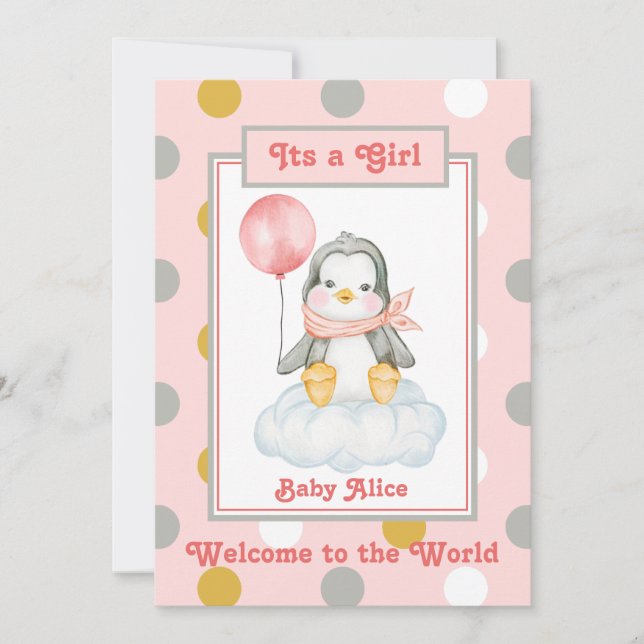 Penguin Baby Girl Pink Birth Ankündigung (Vorderseite)