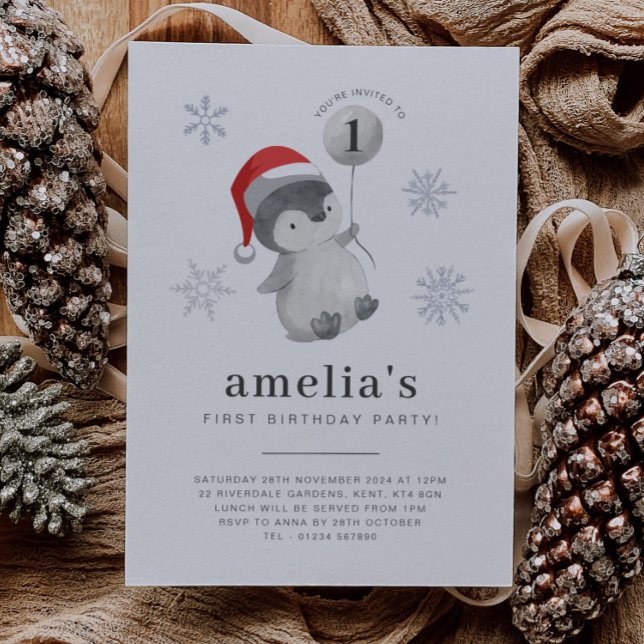 Penguin Balloon 1. Geburtstag Einladung (Penguin Balloon 1st Birthday Invitation 1)