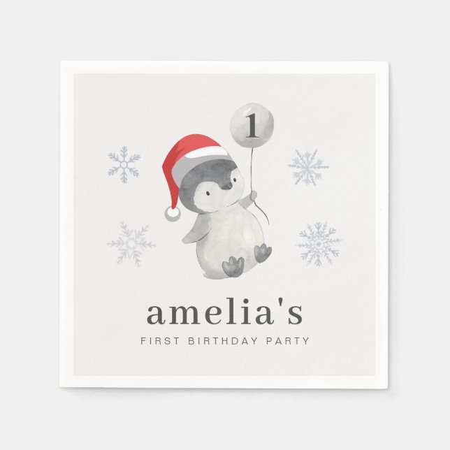 Penguin Balloon 1. Geburtstag Serviette (Vorderseite)