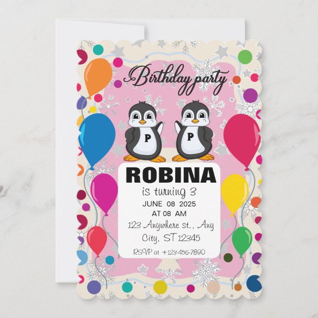 Penguin Birthday Einladung | Jungen & Mädchen Wint (Vorderseite)