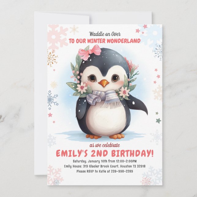Penguin Birthday Invitation Girl Penguin Geburtsta Einladung (Vorderseite)