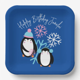 Penguin Birthday Snowflakes Pink Blue Winter Party Pappteller