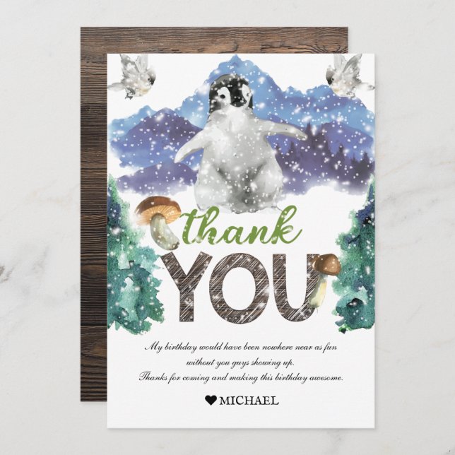 Penguin Birthday Winter Dankeskarte (Vorne/Hinten)