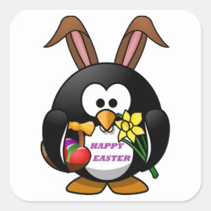 PENGUIN BUNNY "HAPPY EASTER" QUADRATISCHER AUFKLEBER
