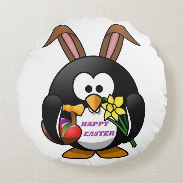 PENGUIN BUNNY "HAPPY EASTER" RUNDES KISSEN (Vorderseite)