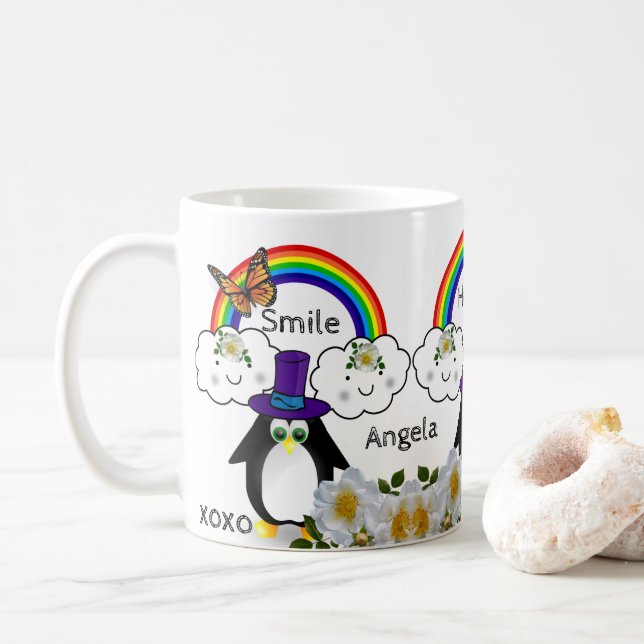 Penguin Butterfly Regenbogen Wolken Tasse (Mit Donut)