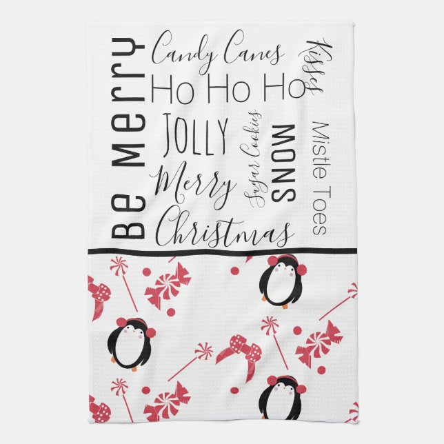 Penguin Christmas Candy Words Geschirrtuch (Vertikal)