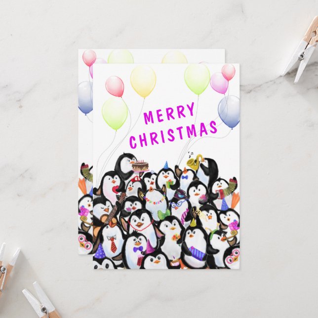 Penguin Christmas Card Happy Pinguins Party (Vorderseite/Rückseite Beispiel)