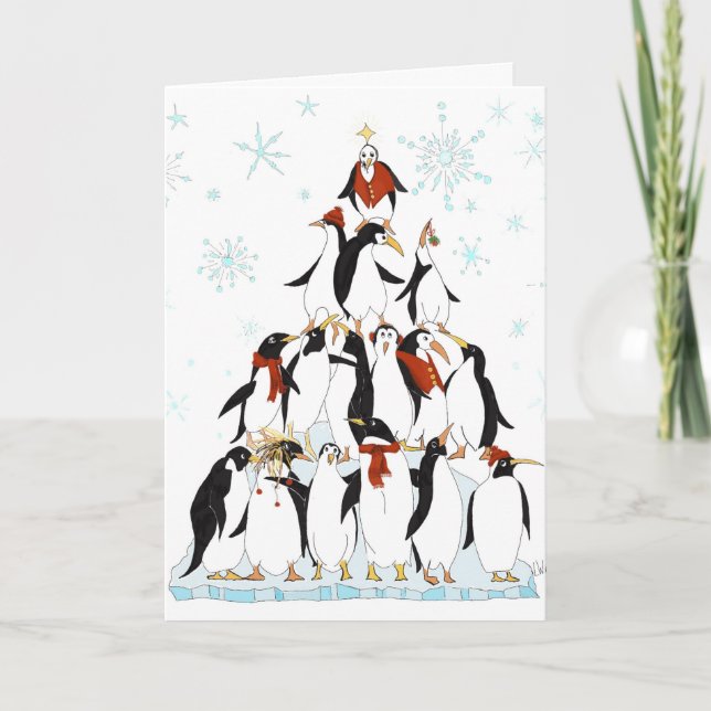 Penguin Christmas Tree Fun Holiday Cartoon Einladung (Vorderseite)