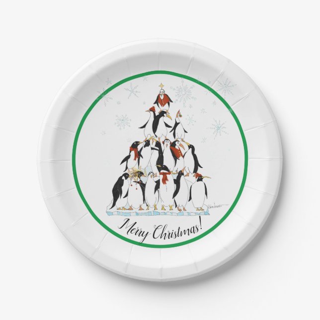 Penguin Christmas Tree Fun Holiday Cartoon Pappteller (Vorderseite)