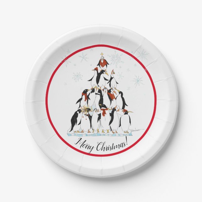Penguin Christmas Tree Fun Holiday Cartoon Pappteller (Vorderseite)