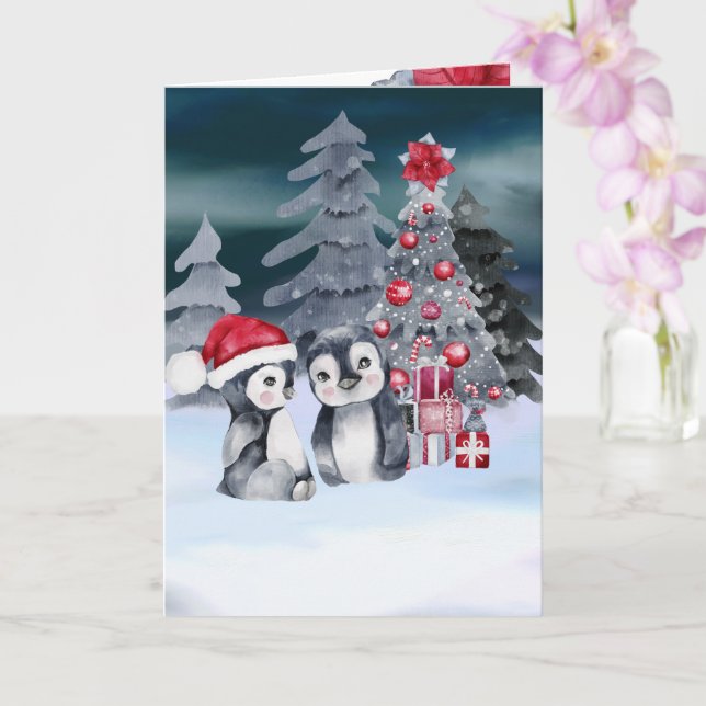 Penguin Christmas Tree Scene Card Karte (Orchidee)
