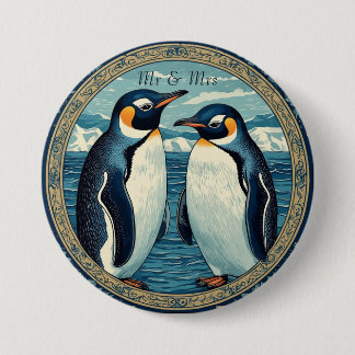 Penguin Couple Winter Snow Blue Ocean Ice Glacier  Button