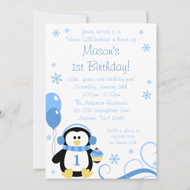Penguin Cupcake Wirbel Winter Onederland Blue Einladung (Vorderseite)
