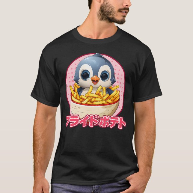 Penguin Eating French Fries Kawaii Penguin Anime T T-Shirt (Vorderseite)