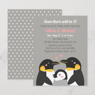 Penguin-Familie mit drei Babys - Graue Babyparty Einladung