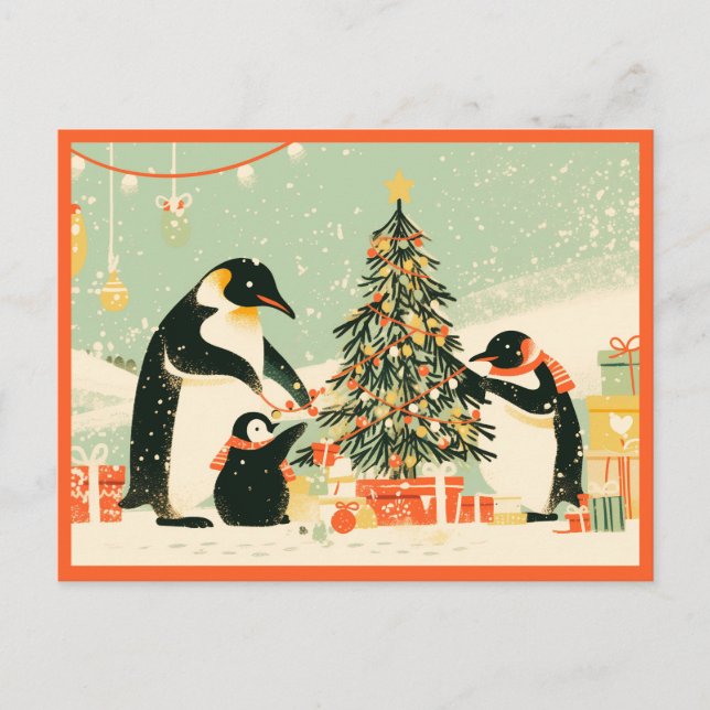 Penguin Family Decorating Christmas Tree Postcard Postkarte (Vorderseite)
