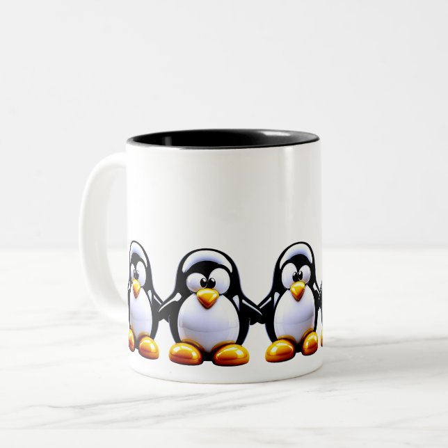 Penguin Family Holding Hands Zweifarbige Tasse (Vorderseite Links)