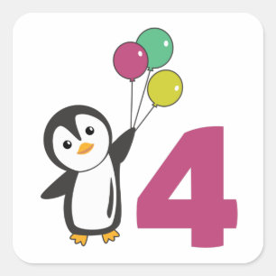 Penguin Fourth Birthday Balloons For Kids Square S Quadratischer Aufkleber