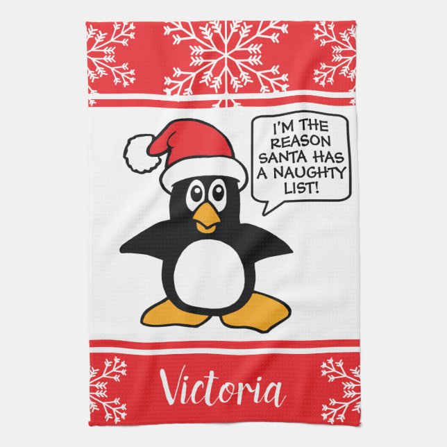 Penguin-freche Listen-personalisiertes Weihnachten Geschirrtuch (Vertikal)