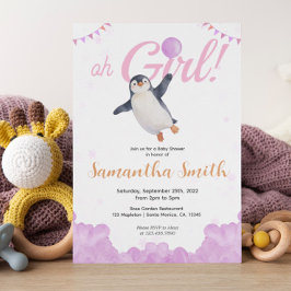 Penguin Girl Pink Baloon Cloud Sky Baby Shower  Einladung