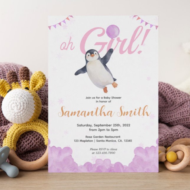 Penguin Girl Pink Baloon Cloud Sky Baby Shower  Einladung (Von Creator hochgeladen)