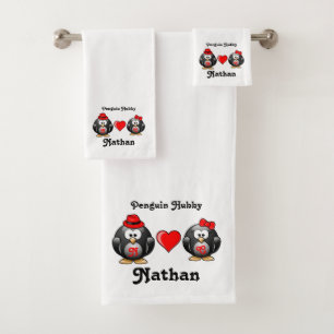 Penguin Hubby Adorable Mate Red Heart Hat Badhandtuch Set