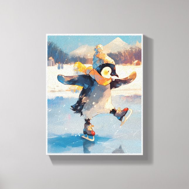 Penguin Ice Skating Winter Nursery Wall Art Canvas Leinwanddruck (Vorderseite)