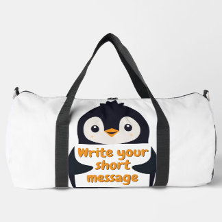Penguin illustration holding customizable sign duffle bag