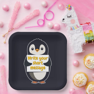 Penguin illustration holding customizable sign pappteller