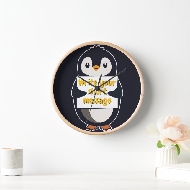 Penguin illustration holding customizable sign uhr (Zuhause)