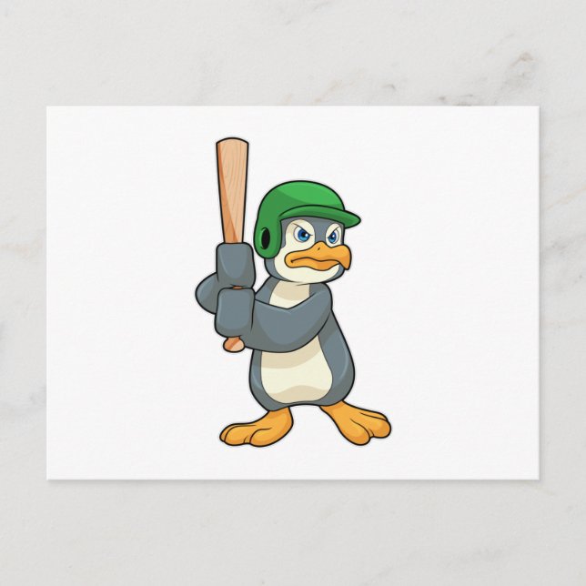 Penguin im Baseball mit Baseball Fledermaus und He Postkarte (Vorderseite)