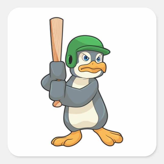 Penguin im Baseball mit Baseball Fledermaus und He Quadratischer Aufkleber (Vorderseite)