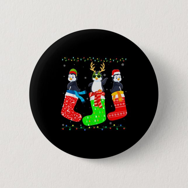 Penguin In Xmas Socks Funny Holiday Ugly Sweater C Button (Vorderseite)