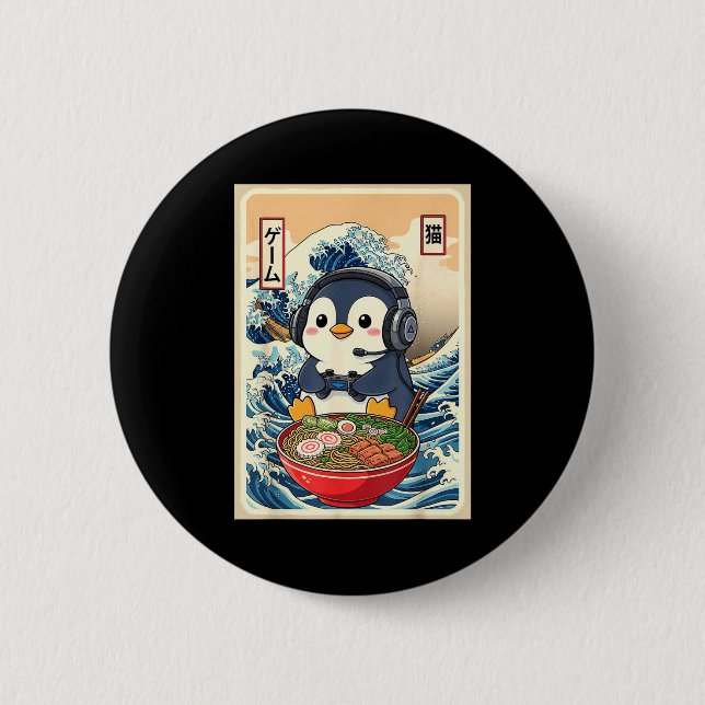 Penguin Kawaii Japanese Ramen Noodle Retro Gaming  Button (Vorderseite)