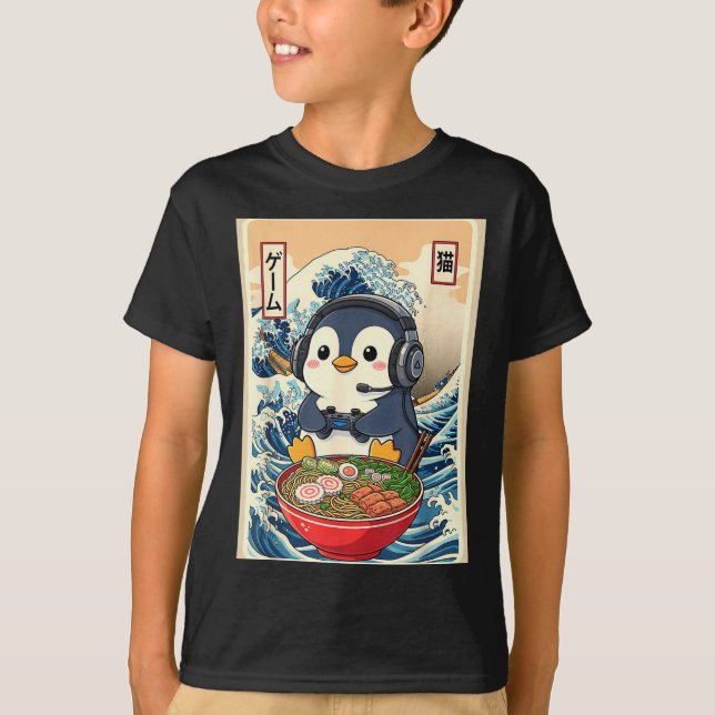 Penguin Kawaii Japanese Ramen Noodle Retro Gaming  T-Shirt (Vorderseite)