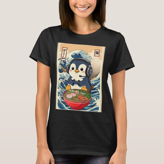 Penguin Kawaii Japanese Ramen Noodle Retro Gaming  T-Shirt (Vorderseite)