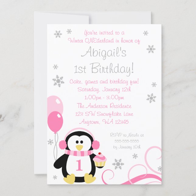 Penguin-Kuchen-Wirbels-Winter Onederland rosa Grau Einladung (Vorderseite)