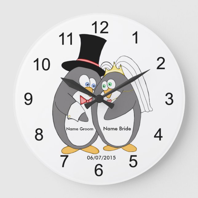 Penguin Liebe Personalisiert Hochzeitssuhr Große Wanduhr (Vorderseite)