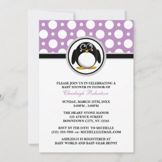 Penguin Lila Polka Dot Baby Dusche Einladungen